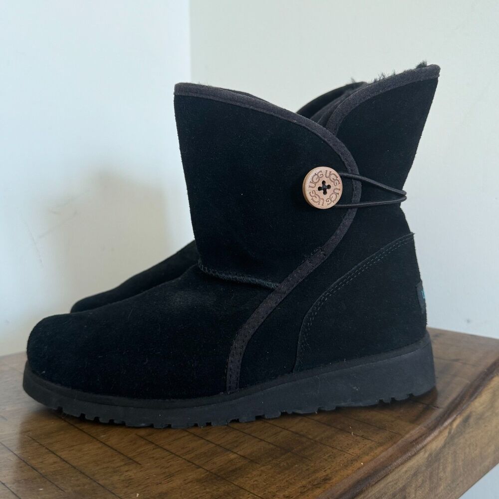 UGG Australia Black Sheepskin Suede Wrap Button Short Boots Women's US 5